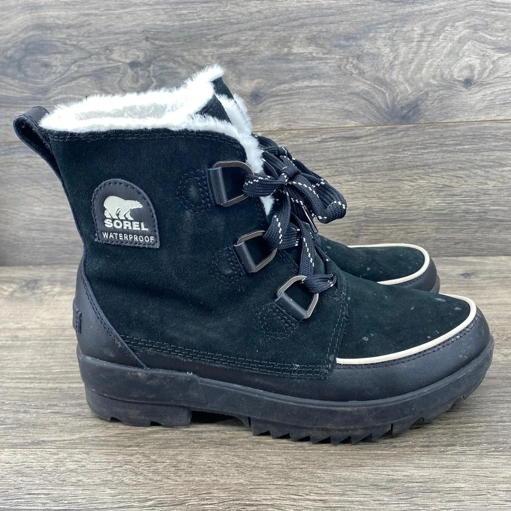 Sorel Explorer Joan Boots Womens 11 Black Waterproof Suede Faux Fur NL3425-010